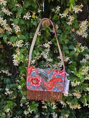 Viral Coral and Blue Floral Beaded Shoulder Bag with Red and Green Fringe